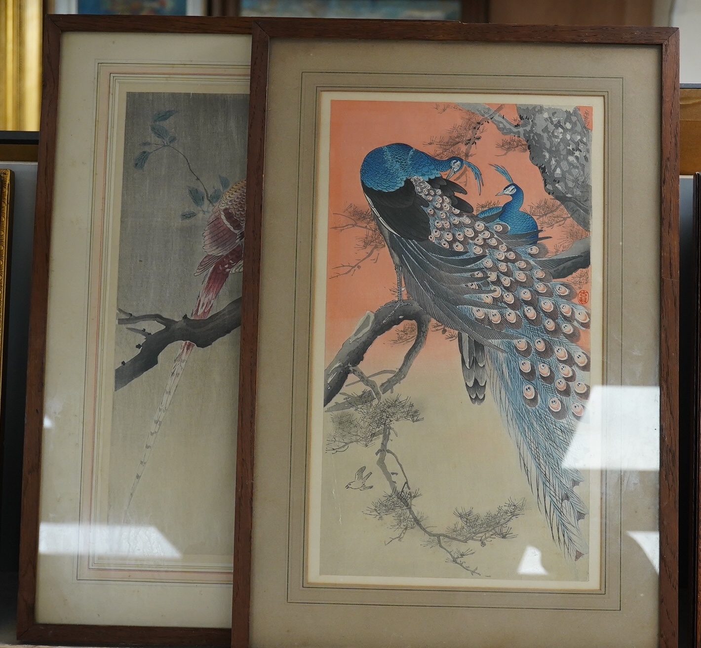 Ohara Koson (1877-1945), Japanese woodblock print, ‘Copper Pheasant’, signed, together with another Japanese woodblock print, Peacocks, possibly by the same artist, 33 x 19cm. Condition - fair to good